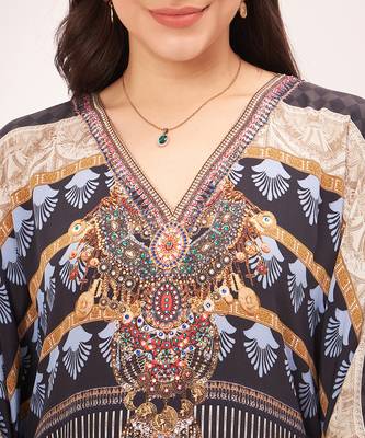 Black and blue geometric print embellished silk full length kaftan 5