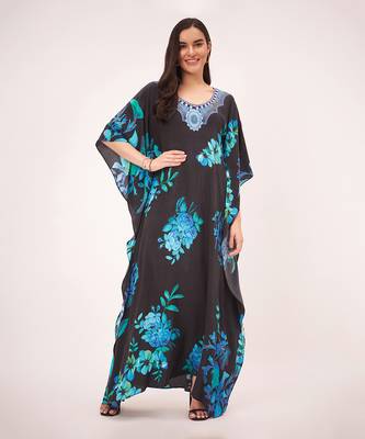 Black and blue floral print embellished silk full length kaftan 1