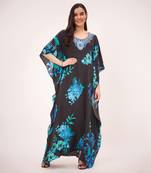 Black and blue floral print embellished silk full length kaftan