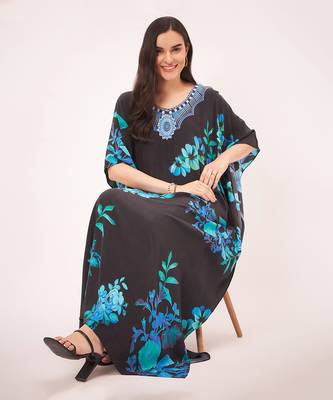 Black and blue floral print embellished silk full length kaftan 2