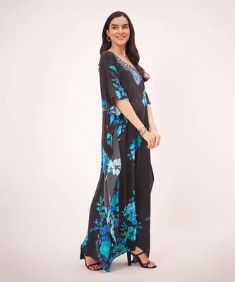 Black and blue floral print embellished silk full length kaftan 3