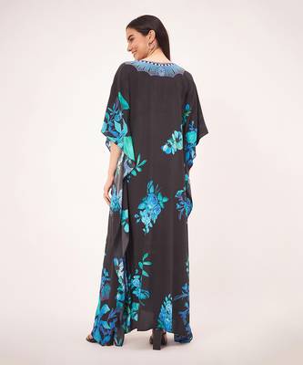 Black and blue floral print embellished silk full length kaftan 4