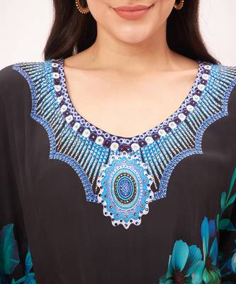 Black and blue floral print embellished silk full length kaftan 5