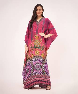 Red and black baroque print embellished silk full length kaftan 1