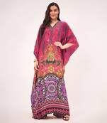 Red and black baroque print embellished silk full length kaftan