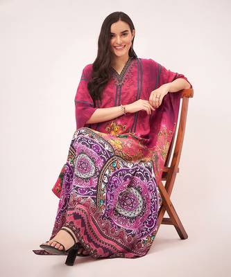 Red and black baroque print embellished silk full length kaftan 2