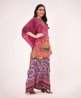 Red and black baroque print embellished silk full length kaftan 3