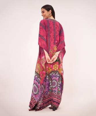 Red and black baroque print embellished silk full length kaftan 4