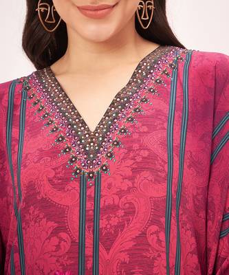 Red and black baroque print embellished silk full length kaftan 5