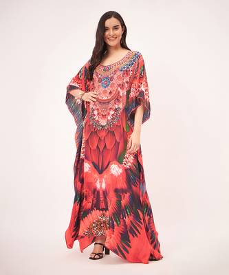 Red and black tribal embellished silk full length kaftan 1