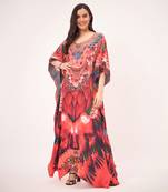 Red and black tribal embellished silk full length kaftan