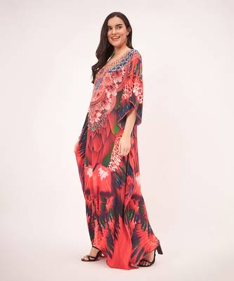 Red and black tribal embellished silk full length kaftan 2