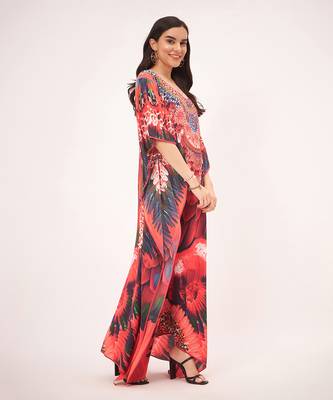 Red and black tribal embellished silk full length kaftan 3