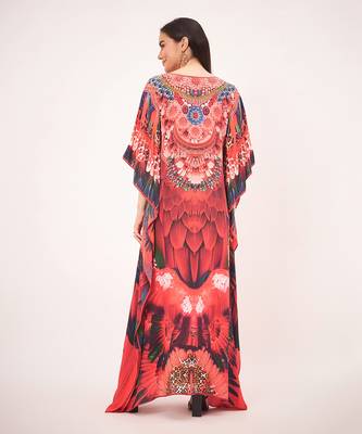 Red and black tribal embellished silk full length kaftan 4