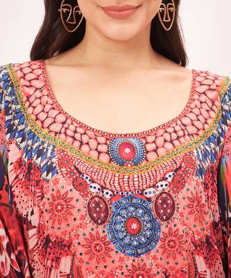 Red and black tribal embellished silk full length kaftan 5