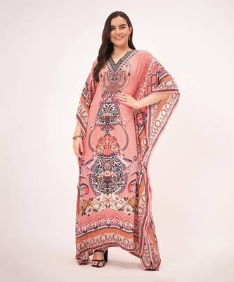 Peach embellished silk full length kaftan 1