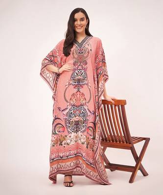 Peach embellished silk full length kaftan 2