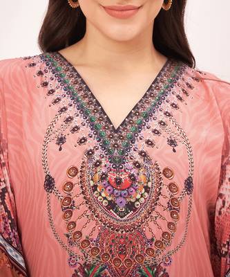 Peach embellished silk full length kaftan 5