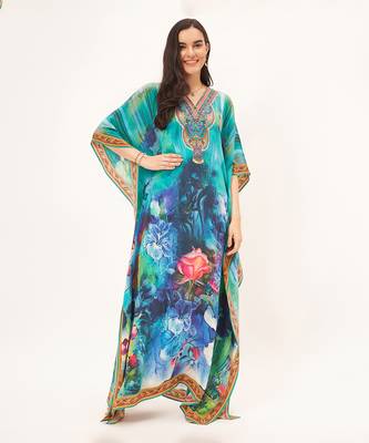 Blue and green floral embellished full length kaftan 1