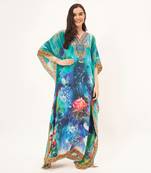 Blue and green floral embellished full length kaftan