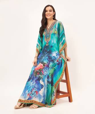 Blue and green floral embellished full length kaftan 2