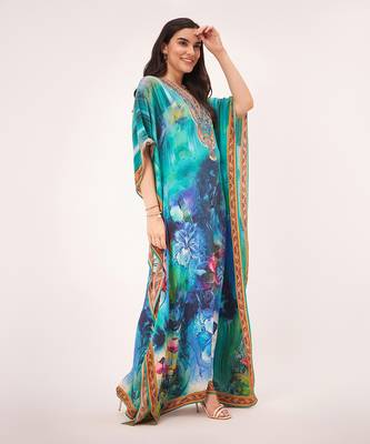 Blue and green floral embellished full length kaftan 3