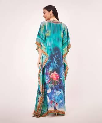 Blue and green floral embellished full length kaftan 4