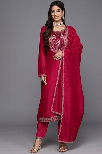 Women red embroidered silk blend stitched party wear salwar kameez