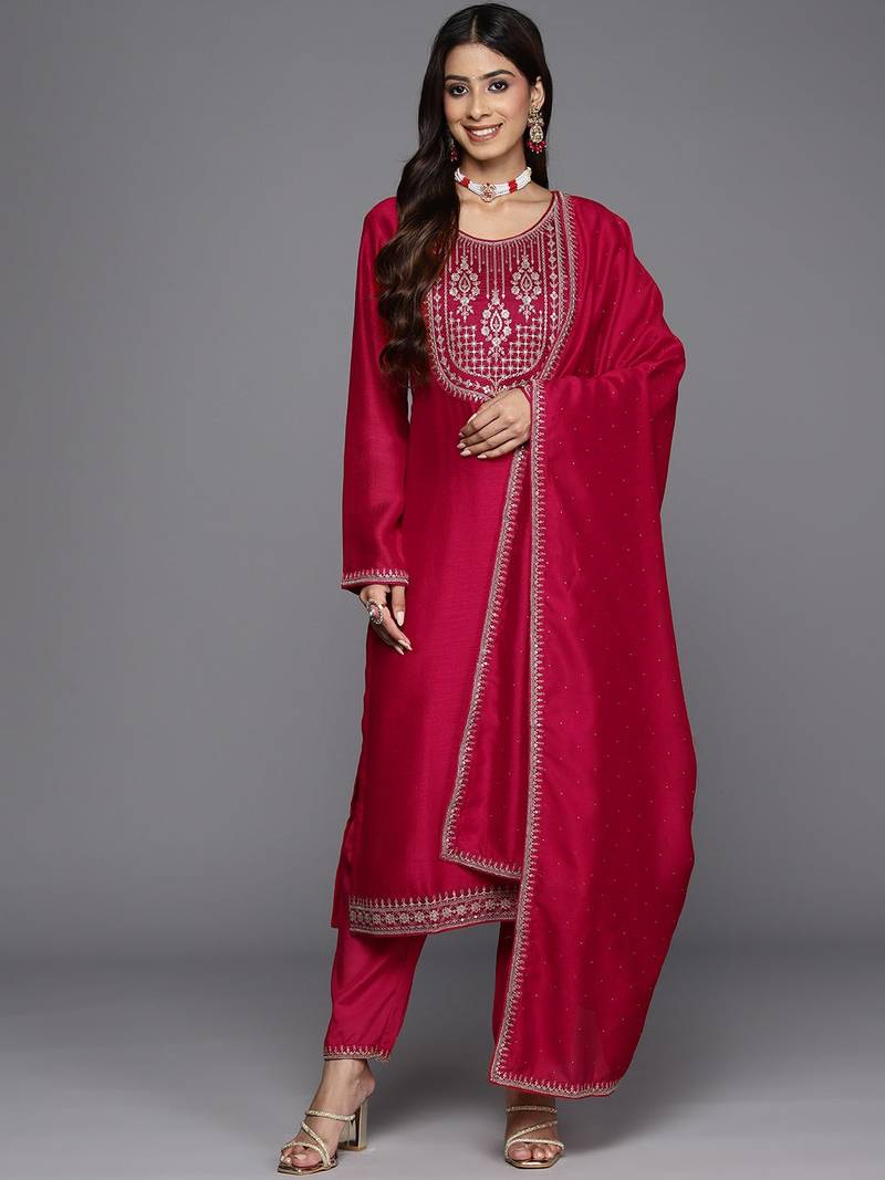 Women red embroidered silk blend stitched party wear salwar kameez