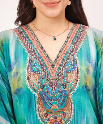 Blue and green floral embellished full length kaftan 5