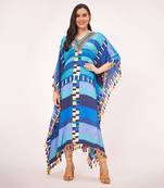 Blue geometric mid length kaftan with lace