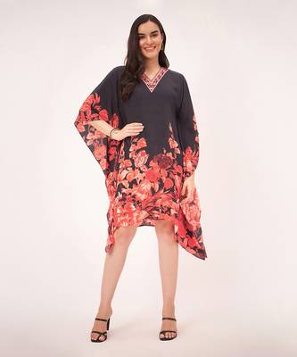 Black and red floral print silk mid length kaftan 1