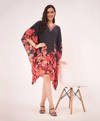 Black and red floral print silk mid length kaftan 2