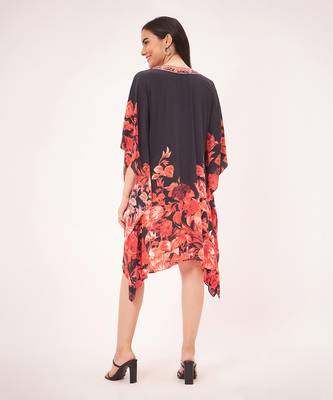 Black and red floral print silk mid length kaftan 4
