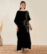 Black embroidered silk velvet full length kaftan