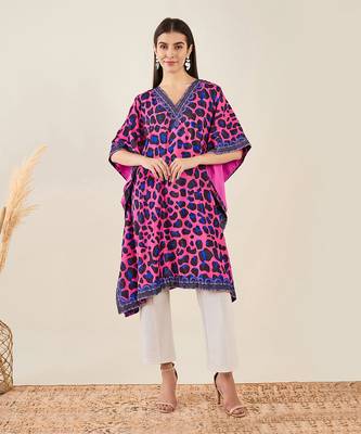 Pink and blue animal print silk velvet mid length kaftan 1