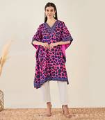 Pink and blue animal print silk velvet mid length kaftan