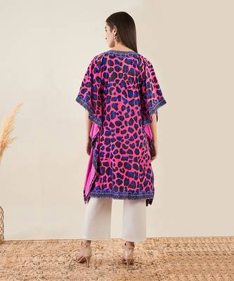 Pink and blue animal print silk velvet mid length kaftan 3