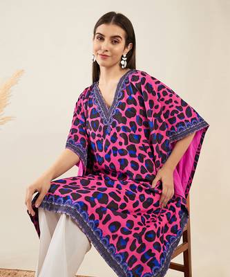 Pink and blue animal print silk velvet mid length kaftan 5