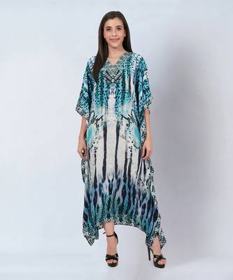Blue and black animal print embellished silk kaftan 1