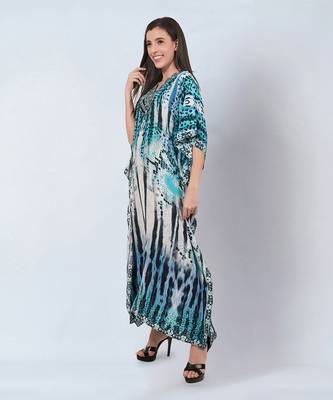 Blue and black animal print embellished silk kaftan 2