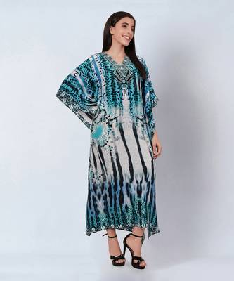 Blue and black animal print embellished silk kaftan 3
