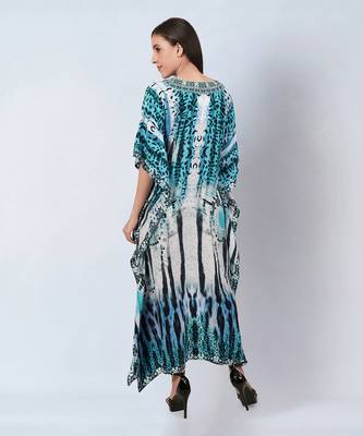 Blue and black animal print embellished silk kaftan 4