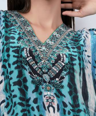 Blue and black animal print embellished silk kaftan 5