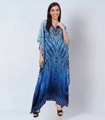 Blue python print embellished silk full length kaftan