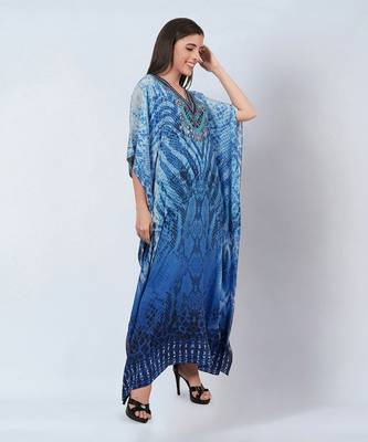 Blue python print embellished silk full length kaftan 3