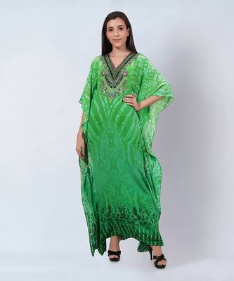 Green python print embellished silk full length kaftan 1