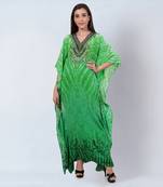 Green python print embellished silk full length kaftan