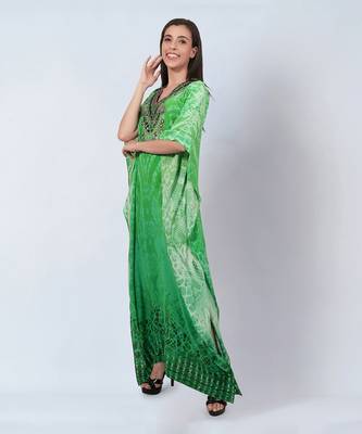Green python print embellished silk full length kaftan 2