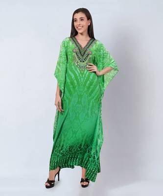 Green python print embellished silk full length kaftan 3